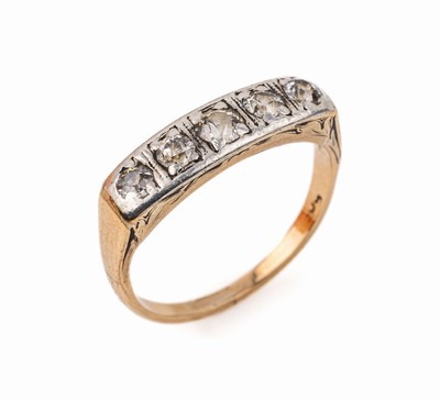 14 kt Gold Diamant-Ring, GG 585/000 und Platin, um 1900, 5 Altschliff-Diamanten zus. ca. 0.50 ct Weiß-get. Weiß/p1, ca. 2.7 g,RW 54.5, stärkere ...