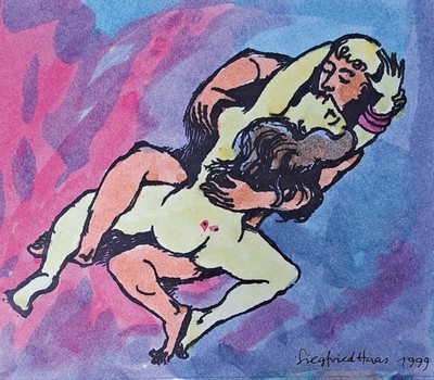 Siegfried Haas, 1921 Giengen-2011 Rottweil, Aquarell, Kopulationakt, signiert und datiert 1999, unter Glas gerahmt, 22x22 cm; Studium an der Akademie ...