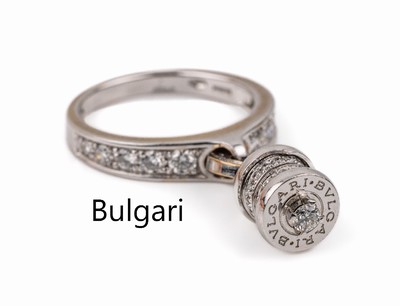 18 kt Gold BULGARI Brillant-Ring mit B Zero Abhängung, WG 750/000, Brillanten zus. ca. 0.65 ct feines Weiß-Weiß/vs, ca. 7.1 g, RW 54
