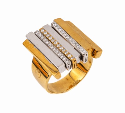18 kt Gold Brillant-Ring, GG/WG RG 750/000,ausgefallenes Design, handmontiert, 37 Brillanten zus. ca. 0.60 ct feines Weiß -Weiß/vs-si, ca. 23.5 g, ...