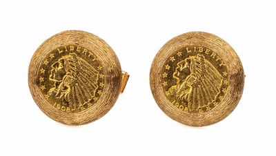 Paar 14 kt Gold Manschettenknöpfe, GG 585/000, sat., Münzeinlage 2.5 Dollar, USA 1908, RV: nicht einsehbar, D. ca. 2.4 cm, ca. 25.4 g