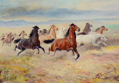 Afanasij Ivanovic Scheloumoff, 1892-1983, Galoppierende Wildpferde, Öl/Lwd, rechts unten signiert, ca. 50x70cm, R. ca. 66x86cm