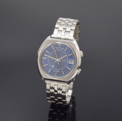 CERTINA Automatik Armbanduhr mit Wecker in Stahl, Schweiz um 1975, Boden verschr., neutr. Stahlband, blaues Zifferbl. m. silb. Leuchtindizes, silb. ...