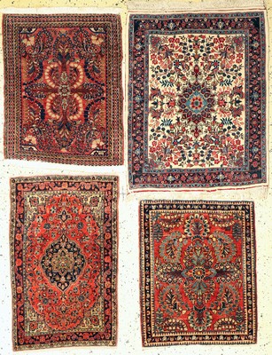 4 Poschtis, 3 Us Re-Import Sarogh, Persien, um 1920, Wolle auf Baumwolle, ca, 80 x 60 cm, EHZ: 2 & Rosenbidjar, Persien, ca. 50 Jahre, Wolle auf ...