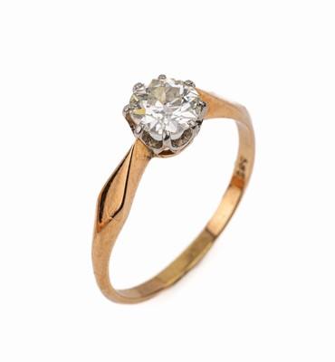 14 kt Gold Diamant Solitär-Ring, um 1910/20, RG 585/000, Altschliffdiamant ca. 0.90 ct l.get.Weiß/p1, RW 60, ca. 2.8 g