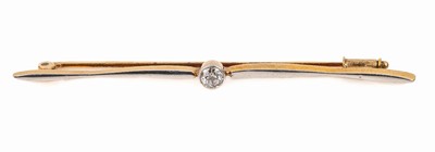 18 kt Gold Diamant-Brosche, 750/000 (gepr.), 1920er Jahre, schauseitig platiniert,bes. mit einem Altschliffdiamant ca. 0.22 ct Weiß/p, L. ca. 7 cm, ...
