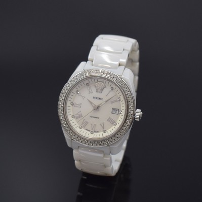 VERSACE Damenarmbanduhr in Keramik mit Diamantbesatz Referenz 01ACS1, Schweiz um 2010, Automatik, Keramikgeh., vergl. Boden m. starken Nutzsp. 4-fach ...
