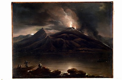 Wohl italienischer Künstler, 18/19.Jh., Mondlandschaft am Golf von Neapel, Blick auf den aktiven Vesuv, Öl/Lwd, unsigniert, doubliert, l. ...