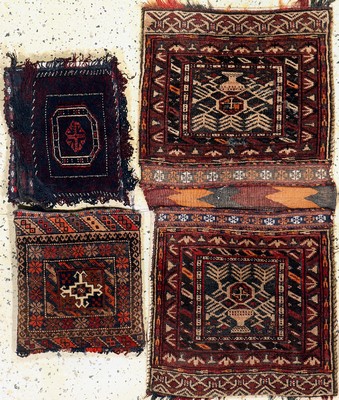 3 Lots Kissen & Doppelttasche, Persien, um 1930, Wolle auf Wolle, ca. 104 x 53 cm & ca. 35 x 35 cm, EHZ: 4