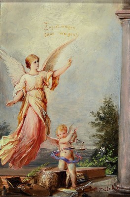 Hans Zatzka, 1859-1945 Wien, Engel schwebt über Amor mit einer Waage, im Himmel Spruch: Erst Wägen dann wagen, Öl/Holz, rechts unten signiert, ca. ...