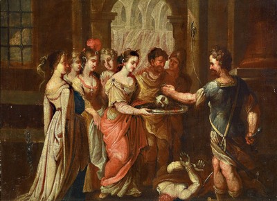 Unbekannter Künstler, Ende 18. Jh., Die Enthauptung des Johannes des Täufers, Öl/Lwd, auf Holzplatte aufgezogen, vielfigurige Darstellung, rest., ...