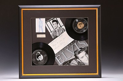 Elvis Presley, Autograph, Collage mit persönlicher Widmung: Thank you Hedi hope to see you sometime Elvis", versch. Abbildungen des Künstlers ...