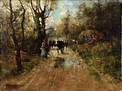 Paul Brauns, Münchener Maler um 1900, Bauernpaar treiben Kühe einen Weg entlang, seitlich eine Ernteszene, Öl/Lwd, links unten signiert, Lwd ...
