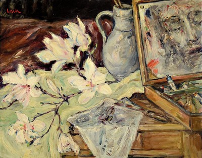 Gustav Gulde, 1906 Ludwigshafen-1953, Stillleben mit Krug, Magnolien und Farbkasten, Öl/Spanplatte, links oben signiert, ca. 65x 82cm, R. ca. 80x96cm
