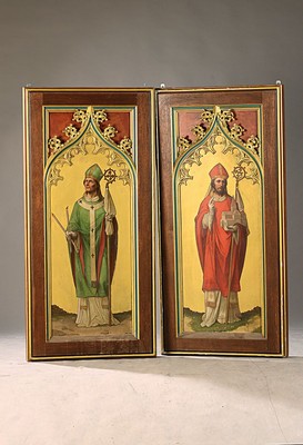 Unbekannter Künstler des 19. Jh., zwei Heiligen- oder Stifterbilder, Öl/Holz, Bischof mit Kirchenmodell bzw. Bischof mit zwei gekreuzten Kerzen, ...