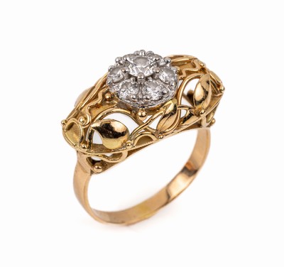 18 kt Gold Brillant-Ring, GG 750/000, (gepr.) 7 Brillanten in WG gefasst zus. ca. 0.80 ct feines Weiß-Weiß/vs, Ringkopf floral, RW 55, ca. 4.5 g