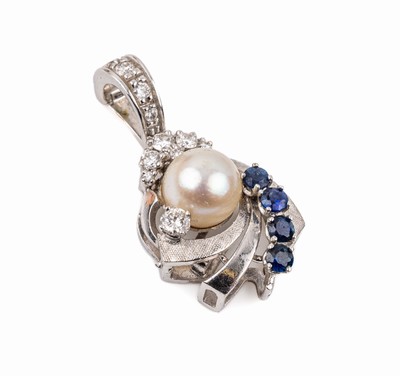 14 kt Gold Zuchtperl-Saphir-Diamant-Anhänger, WG 585/000, cremefarbene Zuchtperle D. ca. 8 mm, 4 rundfacett. Saphire zus. ca. 0.18 ct, 10 Diamanten ...