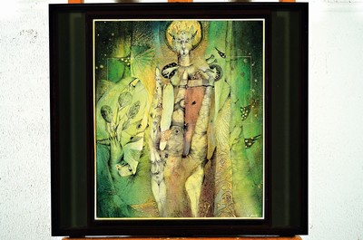 Pavel Bouda, geb. 1932 Tschechien, Figurative Komposition im phantastischen Realismus, Acryl/Holz, rechts unten signiert un dat. 89, ca. 39x33cm, R. ...