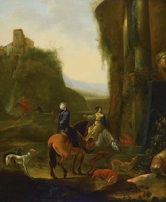 Abraham van Cuylenborch (auch Cuylenborgh oder Cuylenburg), Utrecht 1620-1658, Südliche Ruinenlandschaft mit Jagdgesellschaft bei der Rast, Öl/Lwd, ...