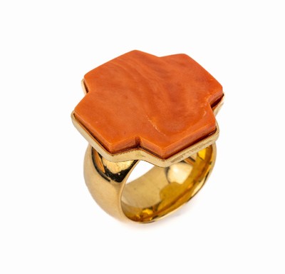 18 kt Gold Korall-Ring, "Kreuz", GG 750/000, massive Ausführung, Koralle geschliffen und pol., D. ca. 3 cm, RW 60, ca. 46.0 g, Versand ...