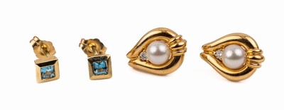 Konvolut 2 Paar 14 kt Gold Ohrstecker: GG 585/000, 1 x Zuchtperlen und kl. Brillanten, 1 x Topas, total ca. 5.4 g