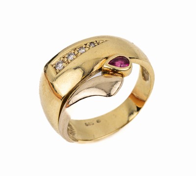 14 kt Gold Rubin Diamant Ring, GG 585/000, stil. Schlangenform, 1 facett. Rubin-Tropfen ca. 0.12 ct, 4 Diamanten zus. ca. 0.07 ct Weiß/si, total ...