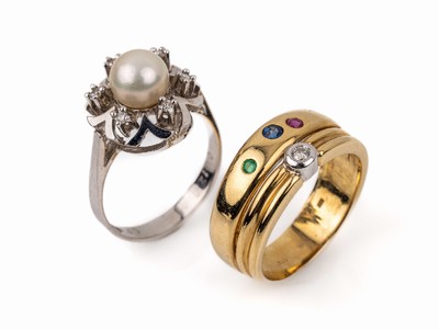 Konvolut 2 14 kt Gold Ringe: 1 x WG 585/000, 1 Zuchtperle Durchm. ca. 7 mm,6 8/8-Diam. zus. ca. 0.12 ct Weiß/si, RW 53; 1 x GG 585/000, 1 Brillant ...