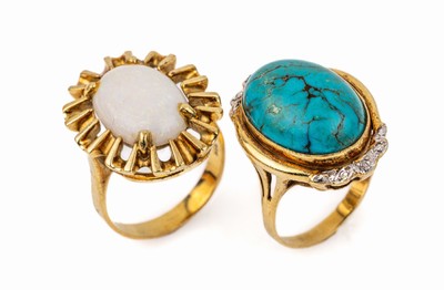 Konvolut 2 14 kt Gold Ringe, 1 x GG 585/000, Opal-Cabochon, RW 57; 1 x Türkis-Matrix-Cabochon und 2 Diam. in WG gefasst zus. ca. 0.02 ct Weiß/si, ...