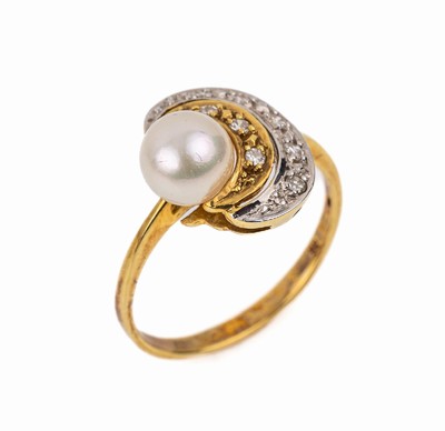 14 kt Gold Zuchtperl Diamant Ring, GG/WG 585/000, 8 8/8-Diam. zus. ca. 0.12 ct Weiß/si, 1 Zuchtperle Durchm. ca. 6.5 mm, total ca. 3.0 g, RW 55