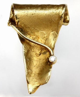 14 kt Gold Brillant Anhänger, GG 585/000, 1Brill. ca. 0.03 ct Weiß/si, abstrakte Form undGestaltung, total ca. 7.2 g, L. ca. 3.5 cm