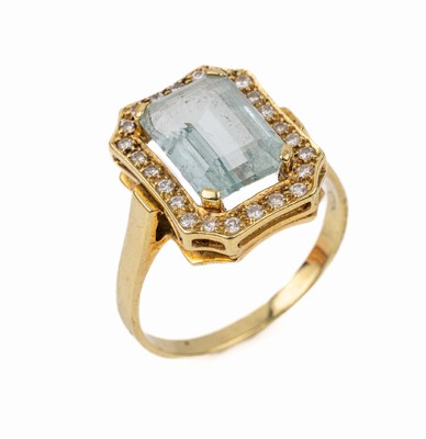 14 kt Gold Aquamarin Brillant-Ring, GG 585/000, 1 Aquamarin ca. 2.20 ct, 22 Brill., zus. ca. 0.24 ct Weiß/si, total ca.4.8 g, RW 60, passend zu ...
