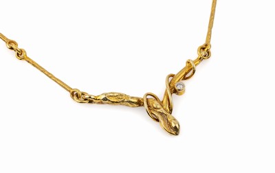 14 kt Gold Brillant Collier, GG 585/000, abstraktes Design im Knorpel- Stil, 1 Brill. ca. 0.03 ct Weiß/si, total ca. 10.8 g, L ca. 46 cm, ...