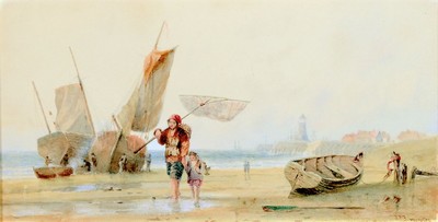Richard Parkes Bonington, 1801 Nottingham-1928 London, Fischerboote am Strand, Fischer mit seinem Kind auf dem Heimweg, Aquarell auf Papier, rechts ...