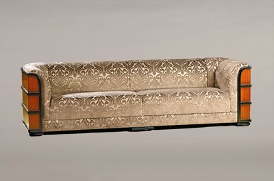 Dreisitzersofa "Chicago", im Art-Deco-Stil, Jansen Furniture, Niederlande, nach 1981, Mahagony, violettgraue Samtbezüge, ca. 71 x 253 x 93 ...