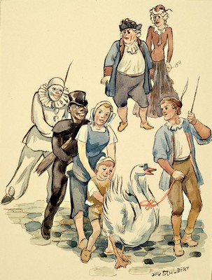 Otto Schubert, 1892-1970, Serie aus 7 Aquarellen zum Kinderbuch die Goldene Gans, teils handsigniert, in PP, Außenmaße je ca. 37x26cm