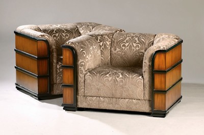 Zwei Clubsessel "Chicago", Art-Deco-Stil, Jansen Furniture, Niederlande, nach 1981, Mahagony, violettgraue Samtbezüge, ca. 74 x 116 x 96 ...