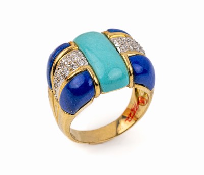 18 kt Gold Farbstein-Brillant-Ring, GG 750/000, eingeschliffene Türkis- u. Lapislazulielemente, 30 Brillanten in WG gefasst zus. ca. 0.36 ct ...