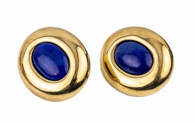 14 kt Gold Lapislazuli Ohrstecker, GG 585/000, 2 ovale Lapiscabochons, breiter Gold Rahmen, Clipbrisur, L. ca. 3 cm, ca. 29.9 g