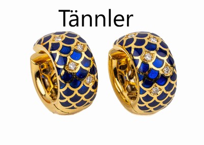 Paar 18 kt Gold Brillant-Ohrcreolen, GG 750/000, Meistermarke TÄNNLER, 10 Brillanten zus. ca. 0.20 ct feines Weiß/vs, Schauseite transluzid ...