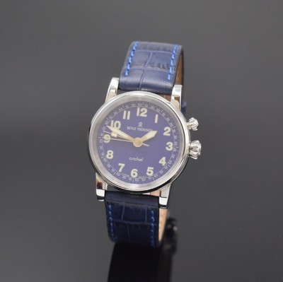 REVUE THOMMEN Armbandwecker Modell Cricket Referenz 8010005, Schweiz um 1995, Handaufzug, Edelstahlgeh., Boden aufgedr., blaues Zifferbl. m. ...