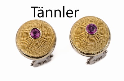 Paar 18 kt Gold Rubin Wechsel Ohrstecker, TÄNNLER, GG/WG 750/000, 2 rundfacett. Rubine zus. ca. 0.18 ct, halbkugelförm. Kopf mit umlaufendem ...
