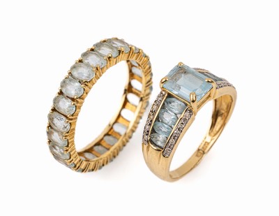 Konvolut 2 14 kt Gold Aquamarin-Ringe, GG/WG 585/000, 1 x Memoryring, 23 ovalfacett. Aquamarine zus. ca. 3.0 ct, RW 63, ca. 3.9 g, 1 x Ring, 1 ...