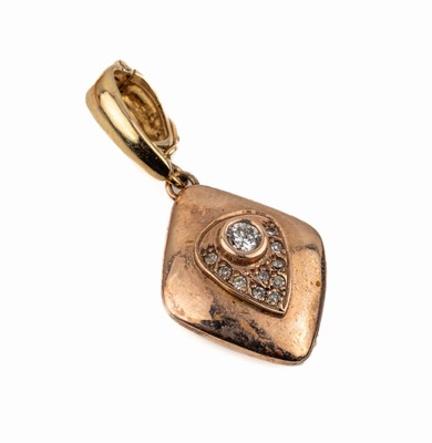 14 kt Gold Diamant-Clipanhänger, RG/GG 585/000, mittiger Brillant ca. 0.08 ct Weiß/si, umgeben von 10 8/8-Diamanten ca. 0.05ct Weiß/si, L. ca. 2 ...