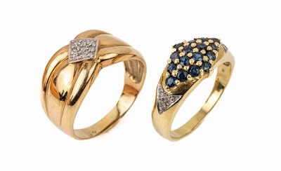 Konvolut 2 Diamant-Ringe, 1x GG 585/000, 16rundfacett. Saphire zus. ca. 0.30 ct, 6 Diamanten zus. ca. 0.03 ct Weiß/p 1, RW 58, 1x GG 585/000 ...