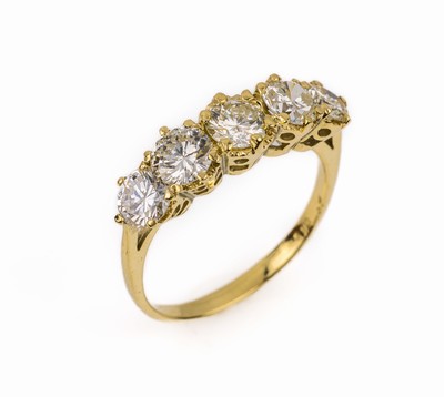 14 kt Gold Brillant-Ring, GG 585/000, 5 Brillanten zus. ca. 1.90 ct feines Weiß-get. Weiß/si, ca. 3 g, RW 54