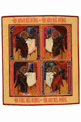 Vierfelderikone der Evangelisten, Russland, um1900,, Tempera auf Holz, Autorenporträts derEvangelisten, rest., Alterssp., 30x27 cm