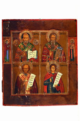 Vierfelderikone der Evangelisten, Russland, 19.Jh., Tempera auf Holz, stärkere Oberflächenschäden, rest., 35x31 cm
