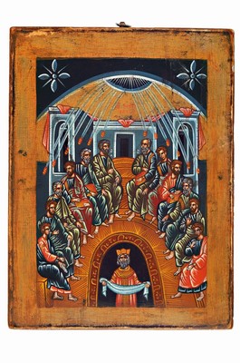 Pfingstikone, Russland, 19./20.Jh., Tempera auf Holz, Pfingsten bzw. Ausgießung des Heiligen Geistes, Komposition nach byzantinischem Vorbild, ...