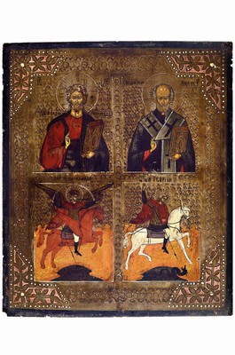Vierfelderikone, Russland, 20.Jh., Tempera auf Holz, Christus Erlöser, Petrus, Erzengel Gabriel und Hl. Georg, Alterssp., l. best., 31x26 cm