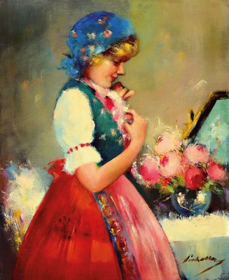 Unbekannter Künstler, um 1900, Mädchen in Tracht vor einem Blumenstrauß, Öl/ Lwd, doubl., rechts unten unleserlich sign., ca. 67x53cm, R. (etwas ...